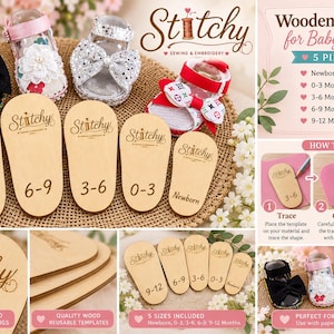 May include: A five-piece set of wooden templates for baby sandals, featuring the Stitchy logo and size markings from newborn to 12 months. The set includes instructions for tracing, cutting, and creating sandals, alongside examples of finished footwear.