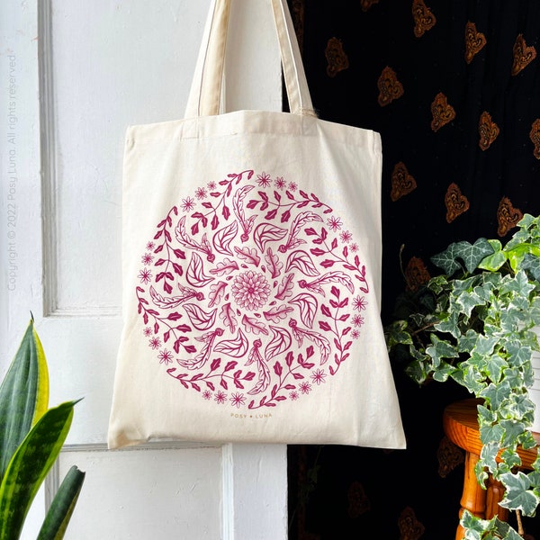 Valse d'Automne - Floral Mandala Tote Bag with Chrysanthemum, Beetroots and Oak Leaves