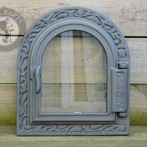 Decorative Cast Iron Fire Door 14.4x12.8&#39;&#39;, Smokehouse Door with Ornament, Decorative Bread Oven Door with Glass,Fireplace Door with Glass