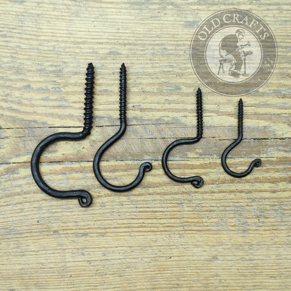 4 sizes of Hand Forged Ceiling Hook, Hand Beam Hook, Screw in Hook, Threaded Hook, Forged Steel Hook, Hammered Hook, Black Hanging Hook