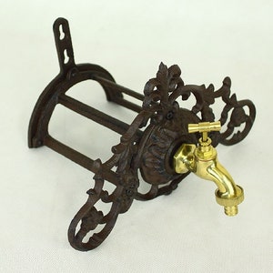 Brown Patina Vintage Garden Wall Mounted Hose Holder with Brass Tap, Garden Art, Cast Iron Hose Holder, Garden Water Tap, Garden Hose Holder