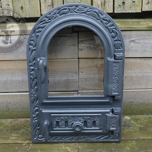 Brick Smokehouse Door, Decorative Cast Iron Fire Door, Smokehouse Door with Ornament, Decorative Bread Oven Door with Glass, Fireplace Door