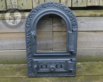 Decorative Cast Iron Fire Door 19x12,8'', Smokehouse Door with Ornament, Decorative Bread Oven Door with Glass, Fireplace Door with Glass