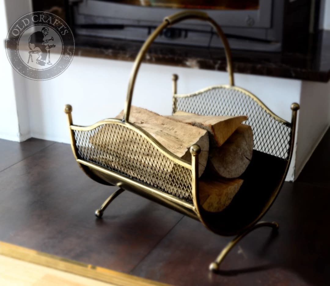 Antique Gold Firewood Holder, Metal Firewood Rack, Fireplace Wood