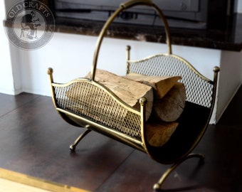 Antique Gold Firewood Holder, Metal Firewood Rack, Fireplace Wood Basket, Firewood Rack, Wood Storage, Farmhouse Basket,Fireplace Wood Stand