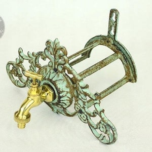 Green Patina Vintage Garden Wall Mounted Hose Holder with Brass Tap, Garden Art, Cast Iron Hose Holder, Garden Water Tap, Garden Hose Holder