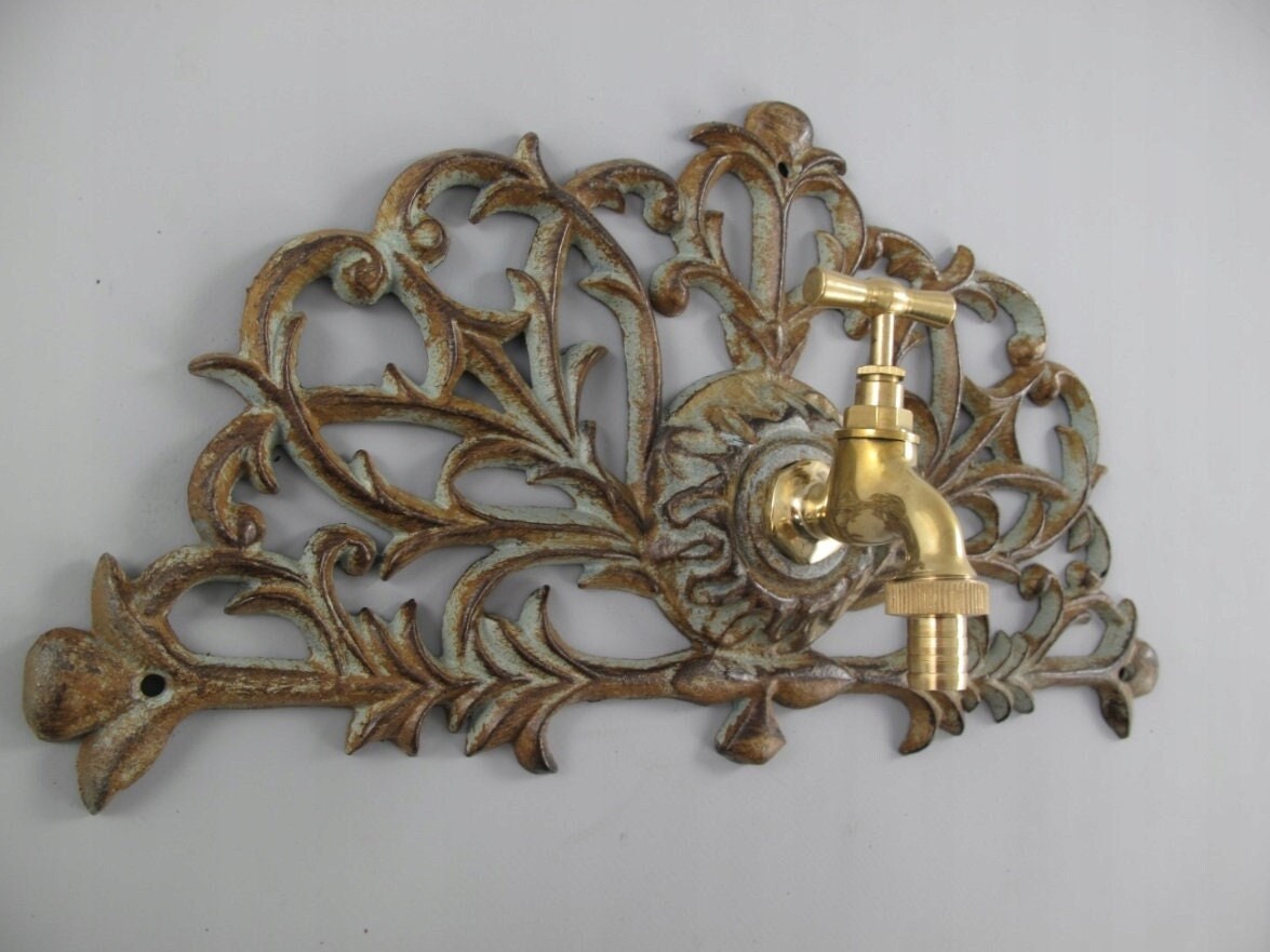 Cast Iron Patina Garden Rosette with Brass Faucet Tap, Outdoor Garden Faucet, Water Connection, Architectural Wall Fountain, Wall Sink Tap