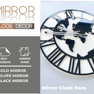 May include: A black and white mirror clock face with a world map design. The clock face is labelled "Mirror Clock Face #17".