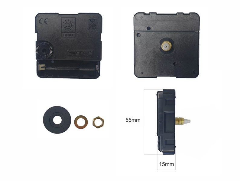 May include: Black clock mechanism with a white label that reads "Quartz Movement Made in China" and a black plastic nut. The mechanism is 14 cm tall and 3.8 cm wide.