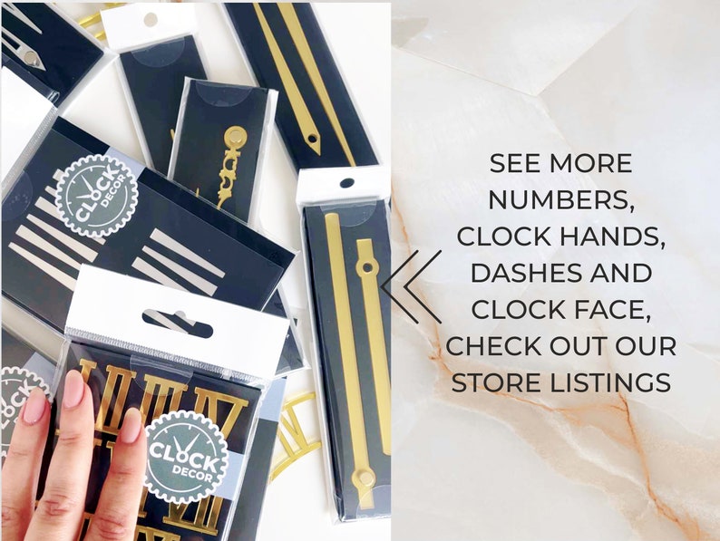 May include: Assortment of gold and silver clock hands, Roman numeral clock numbers, and dashes in individual clear plastic packaging. The packaging is labeled "Clock Decor". Text on the right side of the image reads "See more numbers, clock hands, dashes and clock face, check out our store listings."