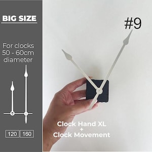 Puede incluir: Juego de manecillas y mecanismo de reloj. La imagen muestra un mecanismo de reloj negro con manecillas plateadas. El texto de la imagen dice "Clock Hand XL + Clock Movement" y "For clocks 50 - 60cm diameter."