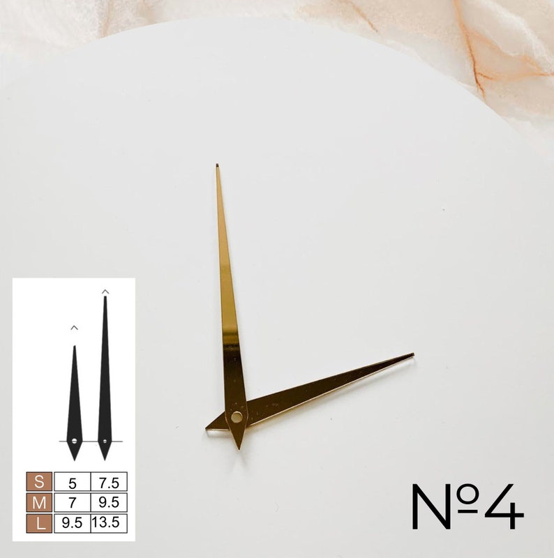 May include: Gold-colored clock hands with a triangular design, alongside a black and white size chart. The hands are labeled "No. 4" and are set against a white background. The size chart indicates lengths from 5 to 13.5 inches.