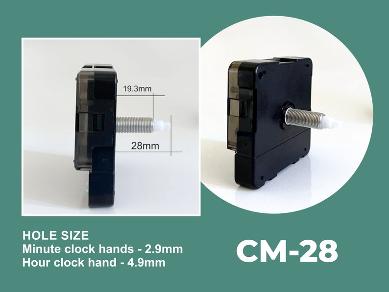 May include: Black clock movement with a silver shaft, measuring 4.8 cm wide and 2.8 cm tall. The text "CM-28" is visible below the movement.