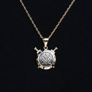 Men&#39;s 14k Gold Sword Gladiator Pendant, 14K Solid Gold Warrior&#39;s Necklace on Cable Link Chain 18&quot;-26&quot; Inches, Shield Charm