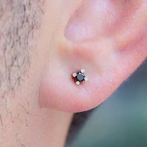 Orecchini a bottone rotondi con diamanti naturali autentici da 0,10 ct, orecchini da uomo in oro 14 carati con diamanti neri veri, mini orecchini a bottone con diamanti neri