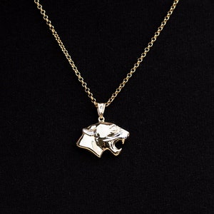 14K Solid Gold Panther Necklace, Puffy Tiger Pendant, Animal Lover Gift, Leopard Charm with Rolo Chain for Men, Gift for Him
