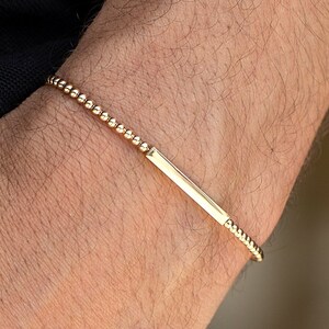 14k Solid Gold Dainty Personalized Bar Bracelet for Men, Custom Engravable Real Gold Men Bracelet, Name/Date Bracelet for Men
