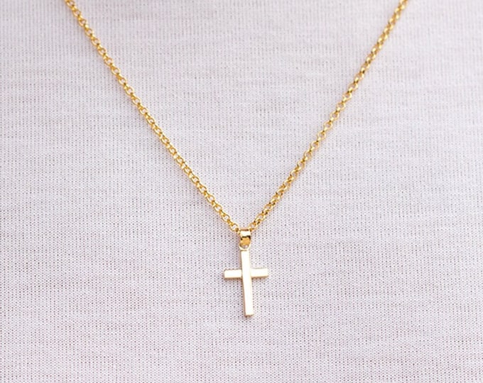 Simple 14k Solid Gold Cross Necklace, Men's Cross Necklace, 14K Real
