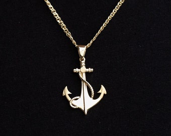 14K Solid Gold Anchor Pendant Necklace for Men / Nautical Charm Gift for Men / Big Anchor Charm | Large Anchor with Boat Rope Design