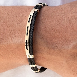 14k Solid Gold Bangle Bracelet for Men, 14k Yellow Gold Open Cuff Bracelet, Gold and Double Row Steel Man Bracelet, Black or Silver Rope