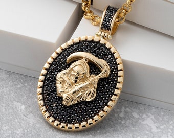 Grim Reaper Pendant in 14k Gold for Men | 14kt Solid Gold Death Symbol Necklace with Rolo Chain | Gift for Him | Big Size Medallion Pendant