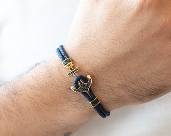 Anchor Nautical Men Gold Bracelet, 14k Solid Gold Blue Rope Mens Bracelet, Anchor Bracelet for Men, Sailor Bracelet, Everyday Men Jewelry