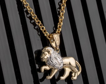 Lion Men's 14k Gold Jungle King Lion Head Pendant, 14K Yellow Gold Lion  Necklace Rolo Chain 18
