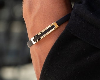 14K Solid Gold Men's Bracelet, Black Rubber Cord, Anniversary Gift