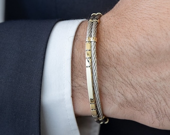 Men&#39;s Gold Bracelet, 14k Solid Gold Men Cuff Bracelet, Real Gold Handcuff Man Bracelet, Men Stainless Steel&Gold Bangle, Man Jewelry