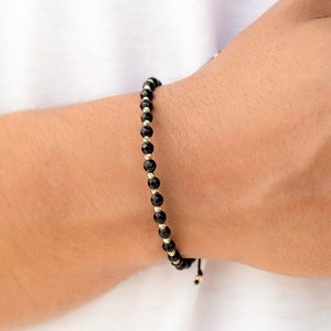 Zwarte onyx en 14 kt echt gouden diamantgeslepen kralenarmband, gefacetteerde onyxsteen en echt gouden kralen herenarmband, cadeau voor hem