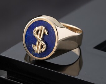 14k massief gouden dollarteken Signet Ring voor mannen / 14K gouden geldring / geelgouden dollarring