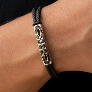 Men's Solid Gold Bracelet, 14K Real Gold Black Cord Men Bracelet with Black CZ, Men Jewelry, Everyday Jewelry, Gift for Him
