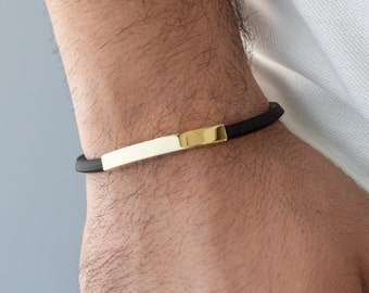 Men&#39;s Personalized Gold Bracelet, 14K Solid Gold Black Rubber Bracelet for Men, Gold Men Custom Engraving Bracelet, Engravable Men Jewelry