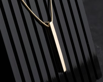 14K Solid Gold 3D Bar Pendant Necklace for Men, Personalized Gold Men Necklace, Gold Men Custom Engraving Necklace, Men Jewelry
