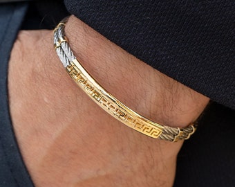 Bracciale in oro da uomo, bracciale da uomo in oro massiccio 14k, bracciale da uomo con manette dal design personalizzato, bracciale da uomo in acciaio inossidabile e oro, gioielli da uomo