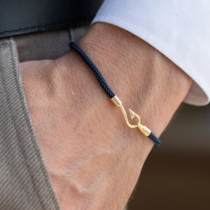 Fish Hook Bracelet for Men, 14K Solid Gold Nautical Bracelet, Gold Rope Hook Bracelet, Marine Bracelet for Men, Fisherman&#39;s Hook Bracelet