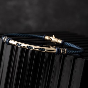 Men's Gold Navy Blue Bracelet, 14k Solid Gold Personalized Men Bracelet, Men Stainless Steel&Gold Bangle, Man Jewelry, Blue Man Bracelet