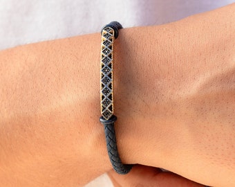 14K Solid Gold Men's Bracelet | Navy Blue Rope, Yellow Gold Design