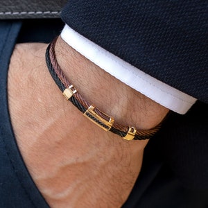 Brown & Black Men's Solid Gold Bracelet, Real Gold Men Cuff Bracelet, Men Stainless Steel-Gold Bangle, Anniversary Gift for Men