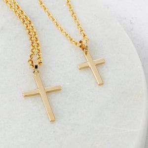 Cross Necklace Men, Gold Tiny Cross Pendant- 14k Solid Gold Rolo Chain - Men&#39;s Christian Necklace -Simple Finish Mid Size Cross