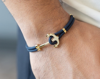 Men's Gold Bracelet, 14K Solid Gold Anchor Men Bracelet, Black/Blue Rope Men Bracelet , Men Jewelry, Men Everyday Jewelry, Sealover Bracelet