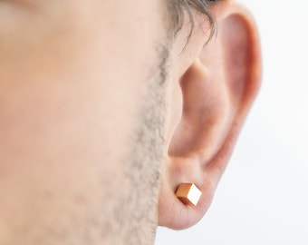 Men&#39;s Gold Cube Stud Earring, 14K Yellow Gold Men Earrings, Sleeper Earring, High Polished Earrings | 0.16-0.20 inches | 4mm - 5mm