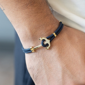 Men&#39;s Solid Gold Anchor Bracelet, Black/Blue Rope Men Bracelet , Men Jewelry, Marine Gold Men Bracelet, Sailor Gold Bracelet