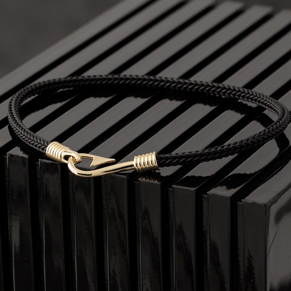Fish Hook Bracelet for Men, 14K Solid Gold Nautical Men Bracelet, Black String Fisher's Bracelet, Marine Bracelet for Men