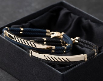 Men's Gold Bracelet on Dark Blue or Black Rope | 14K Solid Gold Men Bracelet | 14k Engravable Men Bracelet | Gift for Him