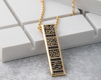 Men's Solid Gold Necklace, 14K Gold Bar Pendant, Four Elements of Matter, Earth, Water, Air, and Fire Necklace, Classical Element Jewelry