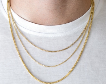 Men&#39;s Gold Fox Tail Chain Necklace, 14K Gold Chain For Men, 1.5-2.0-2.5mm Width Palma Chain, Wheat Palm Franco Foxtail Chain Necklace