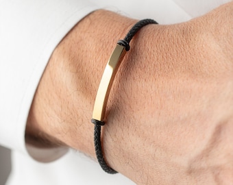 Personalized 14K Solid Gold Men Bracelet, 14k Gold Nameplate Bracelet, Engraved Gold Bar Man Bracelet, Black Rope Bracelet, Gift for Him