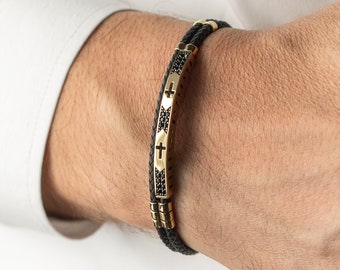 Bracelet pour homme en or avec croix, bracelet pour homme en or jaune 14 carats et corde noire, bracelet symbole du Christ, bracelet crucifix