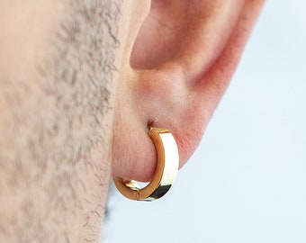 Men's 14k Solid Gold Hoop Earring, Yellow Gold Huggie Earrings, Sleeper Earrings, 4.20mm Thick / 15mm , Anniversary Gift, Men Jewelry